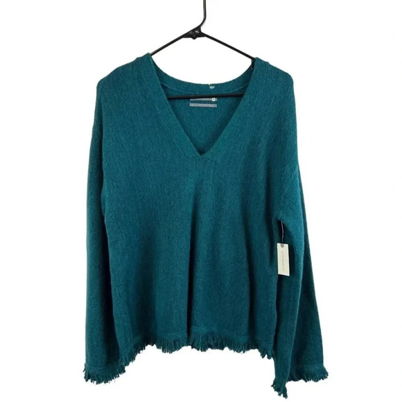 Anthropologie | Joy Fringed V Neck Sweater Medium New Dark Turquoise Teal New - Picture 7 of 14